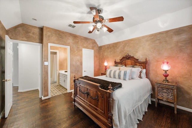 bedroom with a ceiling fan, visible vents, vaulted ceiling, and wood finished floors