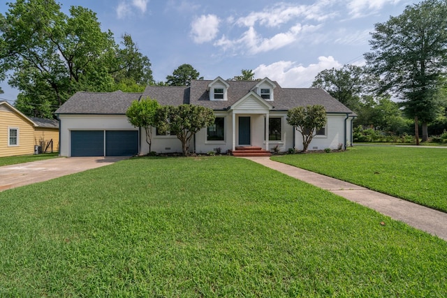 cape cod house featuring a front lawn, crawl space, driveway, and an attached garage