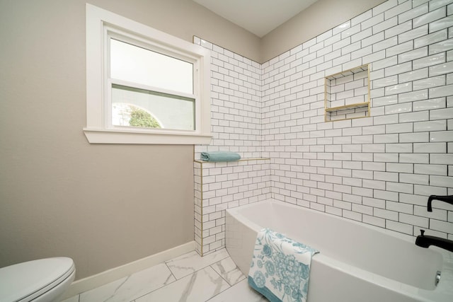 full bathroom with marble finish floor, toilet, a bath, baseboards, and walk in shower