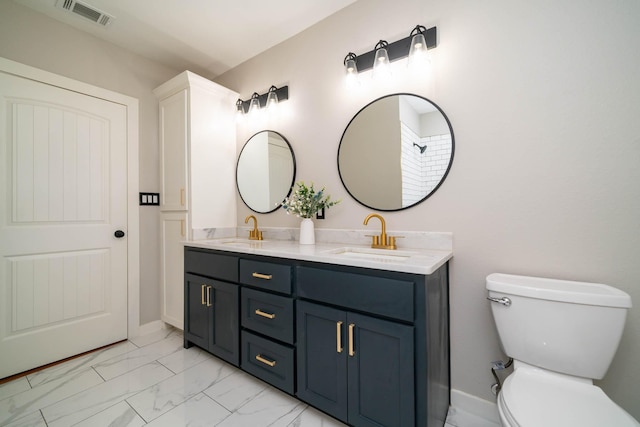 full bath featuring marble finish floor, visible vents, a sink, and toilet