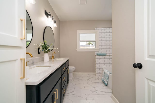 full bath with visible vents, marble finish floor, a sink, and toilet