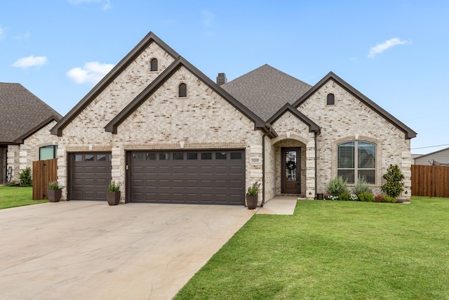 french country style house with an attached garage, driveway, a front yard, and brick siding