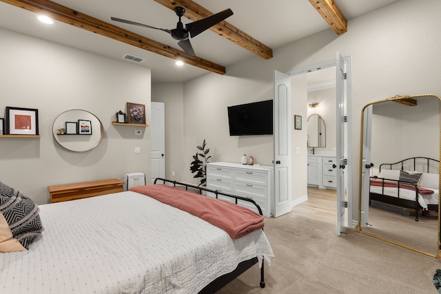 bedroom featuring recessed lighting, light colored carpet, visible vents, ceiling fan, and beamed ceiling