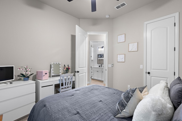 bedroom with visible vents and a ceiling fan