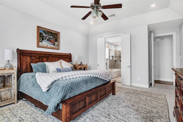 bedroom featuring lofted ceiling, recessed lighting, light carpet, visible vents, and baseboards