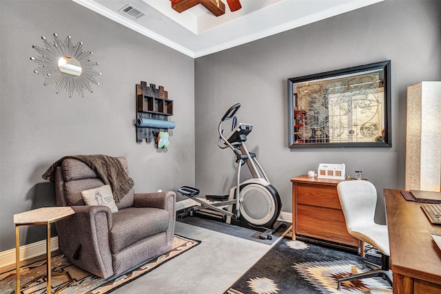 office area featuring ornamental molding, a raised ceiling, visible vents, and baseboards