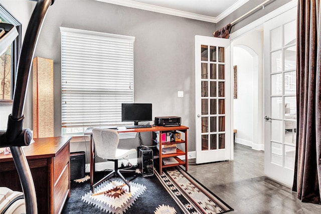 home office with arched walkways, french doors, crown molding, finished concrete floors, and baseboards