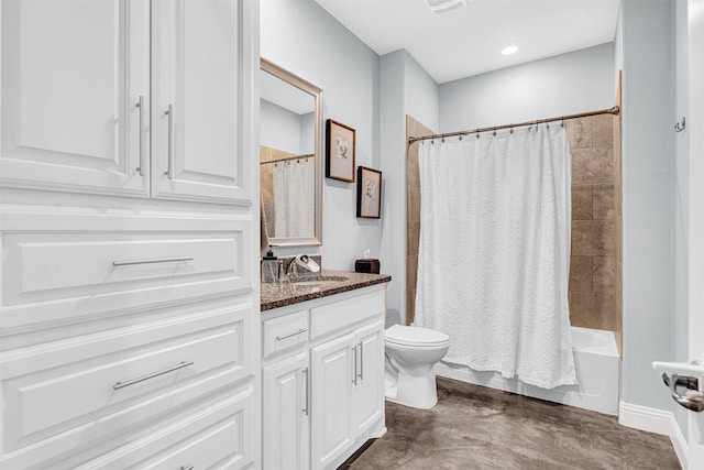 bathroom with concrete floors, vanity, toilet, and shower / bathtub combination with curtain