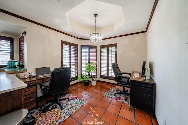 office featuring an inviting chandelier, ornamental molding, a wealth of natural light, and tile patterned floors