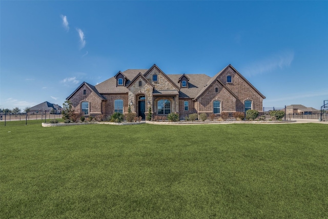 french country home with brick siding, stone siding, fence, and a front yard