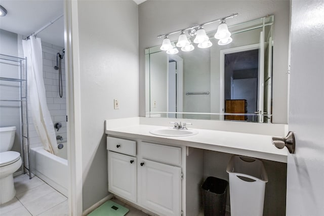 full bathroom featuring shower / bath combination with curtain, tile patterned flooring, vanity, and toilet