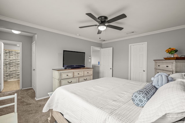 carpeted bedroom with baseboards, visible vents, ceiling fan, and ornamental molding