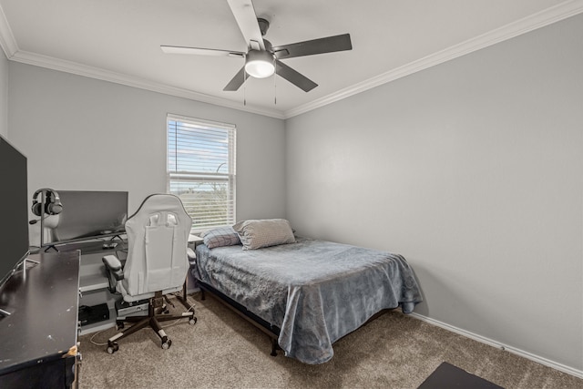 bedroom featuring crown molding, baseboards, ceiling fan, and carpet flooring