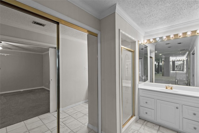 full bathroom featuring marble finish floor, visible vents, and crown molding