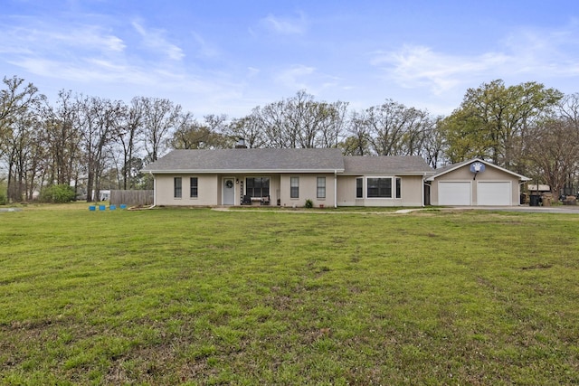 ranch-style home with a front yard and fence