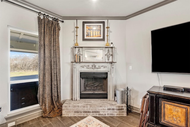 living room with ornamental molding, wood finish floors, a fireplace, and baseboards