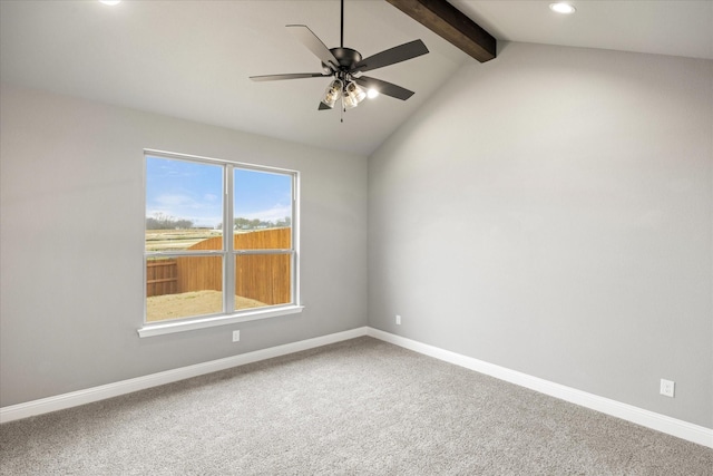 carpeted empty room with recessed lighting, ceiling fan, lofted ceiling with beams, and baseboards