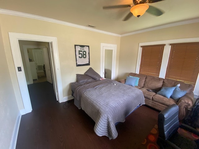 bedroom with a ceiling fan, baseboards, visible vents, dark wood finished floors, and crown molding