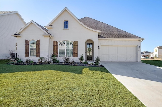 french country inspired facade with a garage, concrete driveway, roof with shingles, a front yard, and brick siding