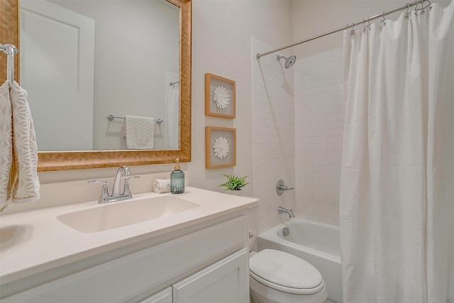 bathroom featuring toilet, shower / bathtub combination with curtain, and vanity