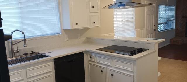 kitchen featuring light countertops, white cabinets, a sink, ventilation hood, and black appliances