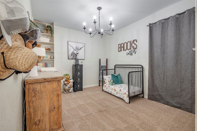 bedroom featuring light carpet, a notable chandelier, and baseboards