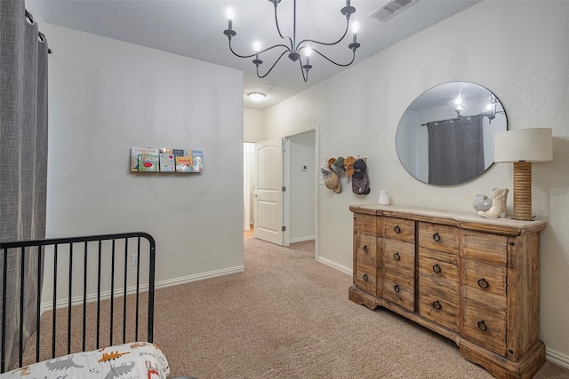 bedroom featuring light carpet, an inviting chandelier, visible vents, and baseboards