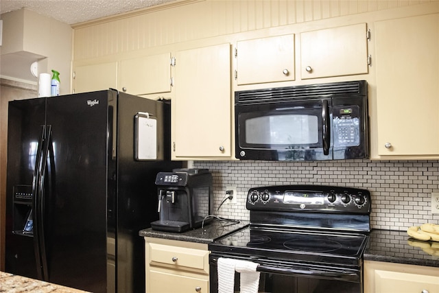 kitchen with a textured ceiling, black appliances, tasteful backsplash, and dark countertops