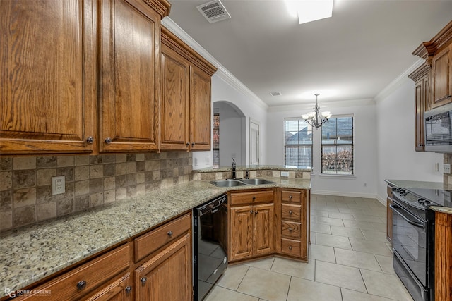 kitchen with brown cabinetry, ornamental molding, a sink, black appliances, and backsplash