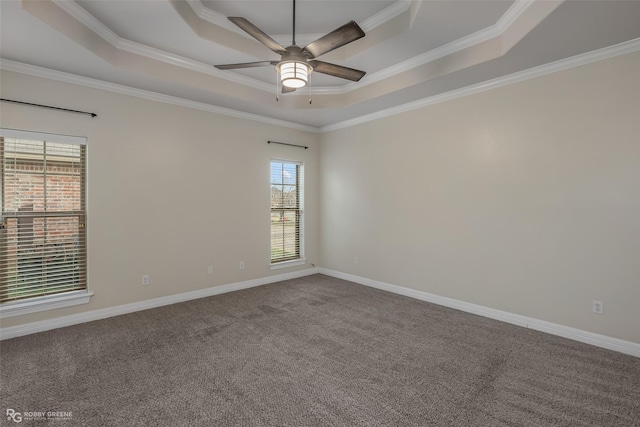 carpeted spare room with baseboards, a raised ceiling, a ceiling fan, and crown molding