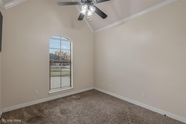 unfurnished room with carpet, crown molding, lofted ceiling, a ceiling fan, and baseboards