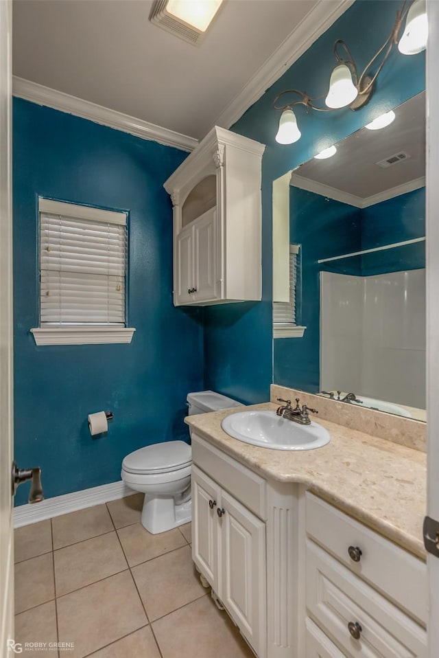 full bath featuring ornamental molding, tile patterned flooring, vanity, and toilet