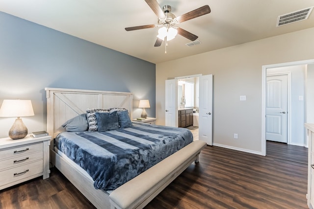 bedroom with baseboards, visible vents, ceiling fan, and dark wood-style flooring