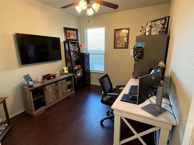 home office with ceiling fan, dark wood-style flooring, and baseboards