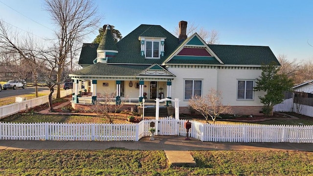 victorian home featuring a gate, covered porch, and a fenced front yard