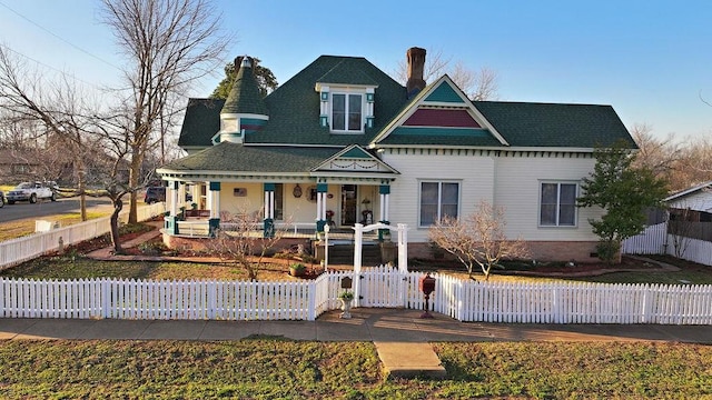 victorian home with covered porch, a fenced front yard, a gate, and a chimney
