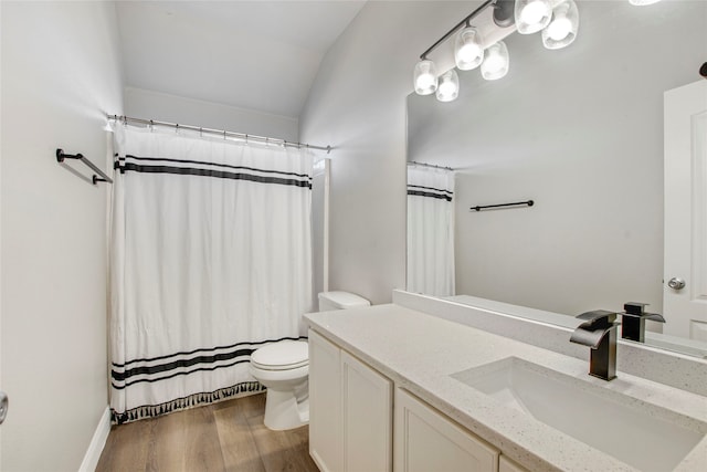 bathroom featuring curtained shower, toilet, wood finished floors, and vanity