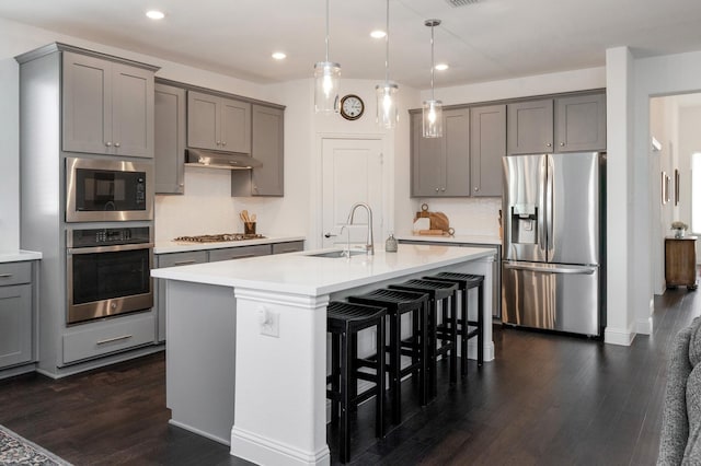 1624 Thunderbird Dr, Fort Worth, TX 76052 - kitchen with gray cabinets, dark wood finished floors, stainless steel appliances, and a sink