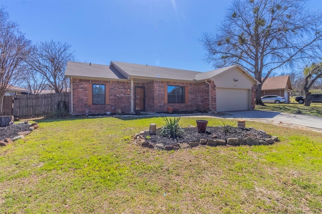 ranch-style house with brick siding, concrete driveway, an attached garage, a front yard, and fence