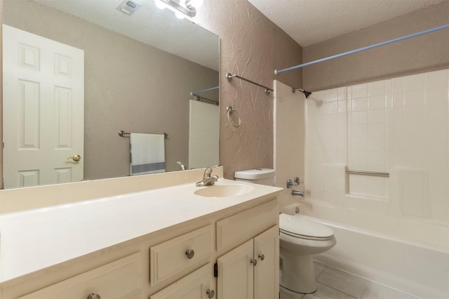 bathroom featuring bathtub / shower combination, visible vents, toilet, a textured ceiling, and tile patterned flooring