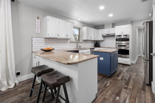 kitchen featuring under cabinet range hood, a peninsula, a sink, white cabinets, and decorative backsplash