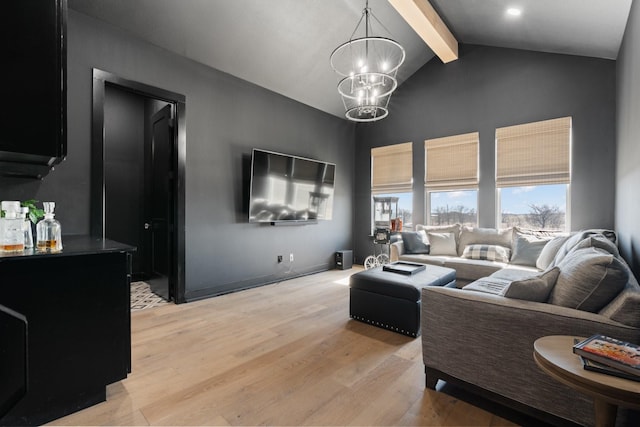 living room with high vaulted ceiling, light wood-style flooring, beam ceiling, and a notable chandelier