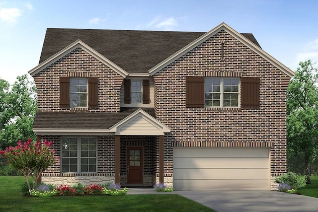 traditional-style house featuring driveway, a garage, a shingled roof, stone siding, and brick siding