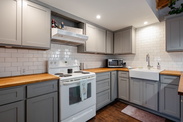 kitchen with butcher block countertops, white range with electric stovetop, gray cabinets, and under cabinet range hood