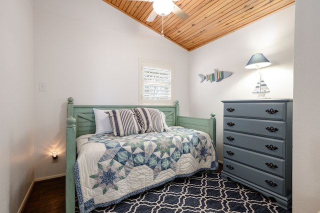 bedroom with lofted ceiling, ceiling fan, wooden ceiling, wood finished floors, and baseboards