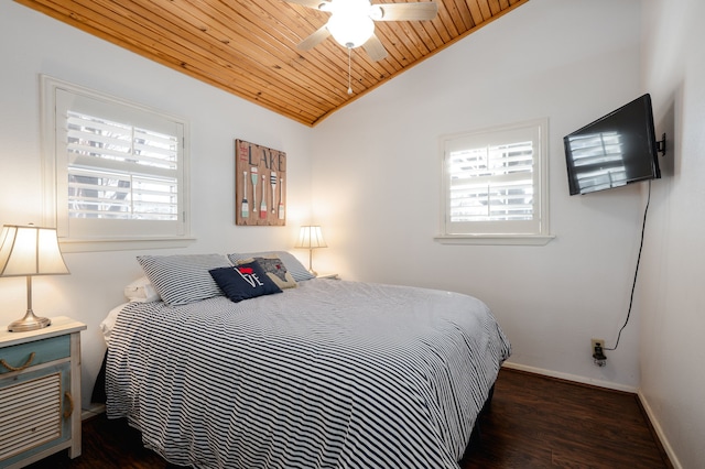 bedroom with lofted ceiling, wood ceiling, multiple windows, and wood finished floors