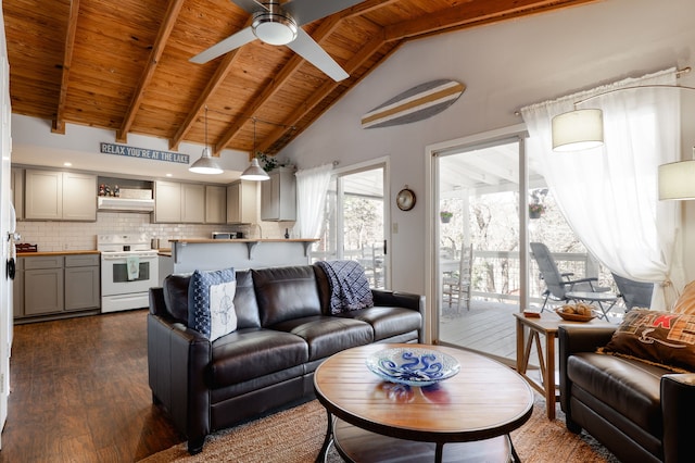 living room featuring high vaulted ceiling, wooden ceiling, dark wood-style flooring, a ceiling fan, and beam ceiling