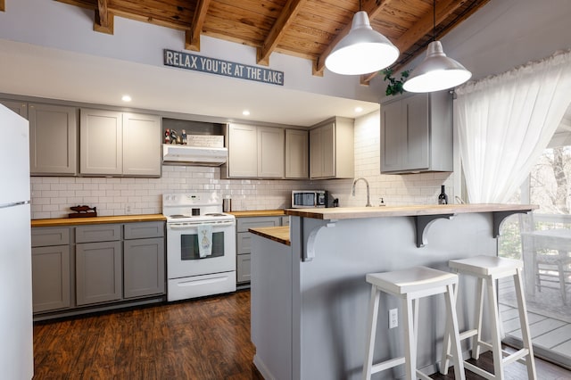 kitchen featuring white appliances, butcher block countertops, gray cabinets, and under cabinet range hood