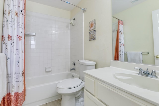 full bathroom with tile patterned flooring, toilet, visible vents, vanity, and shower / bath combination with curtain