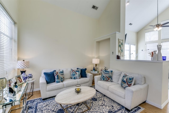 living area featuring visible vents, ceiling fan, wood finished floors, high vaulted ceiling, and baseboards